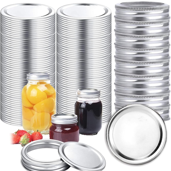 Set de 50 de capace pentru borcane, BOMSTOM, cu sigiliu, metalice, rezistente la temperaturi scazute, rezistent la rugina，rezistente la coroziune, 70 mm, argintii