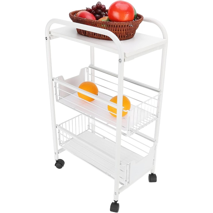 Етажерка на колела Quasar & Co., 3 нива, метал, 24 x 36 x 64 cm, Бял