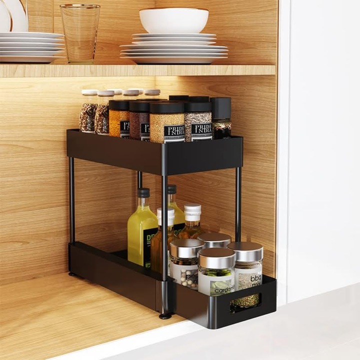 Raft depozitare universal, Quasar & Co.®, 2 compartimente, glisant, multifunctional, etajat, ABS/metal, 39 x 21.5 x 33 cm, negru