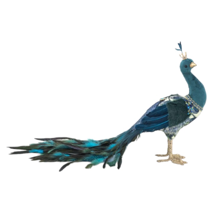 Paunita decorativa albastru-turcoaz, 50 cm, pene naturale