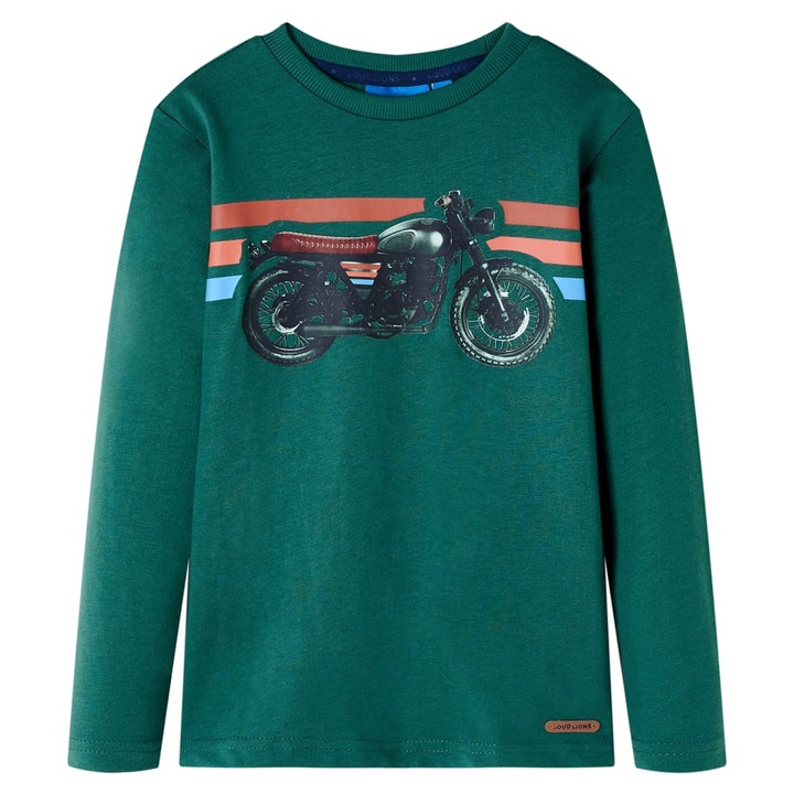 Tricou pentru copii cu maneci lungi vidaXL, imprimeu motocicleta, verde, Verde