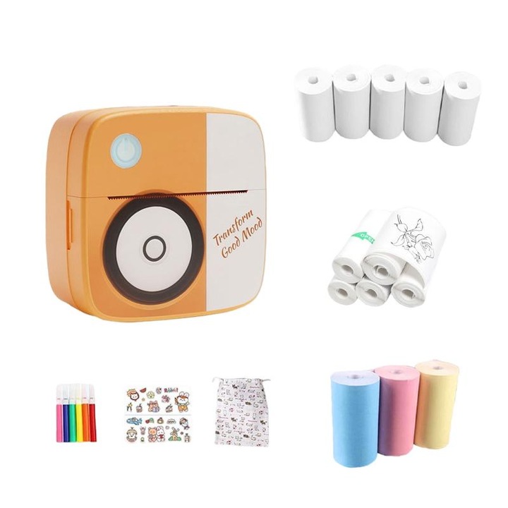Комплект мини принтер, SIHOiSi, 5 броя термохартия, 5 броя стикери, 3 броя цветна хартия, 6 броя цветни химикалки, Многоцветен
