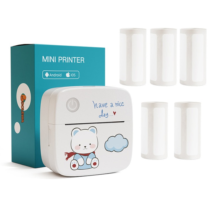Мини термопринтер, SIHOiSi, 5 хартиени ролки за етикети 15 мм, 82×82×40 мм, бял