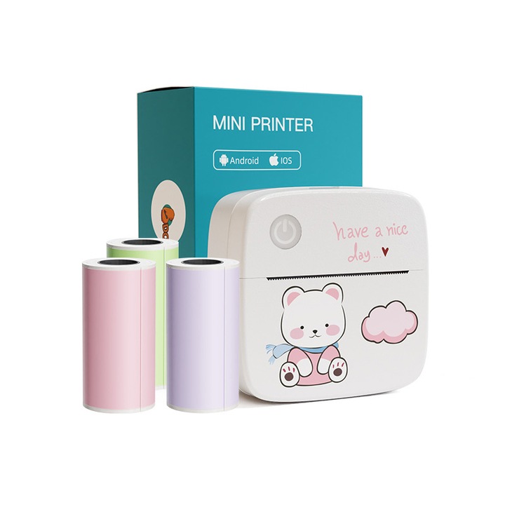 Mini imprimanta termica, SIHOiSi, 3 role, 82×82×40mm, Multicolor