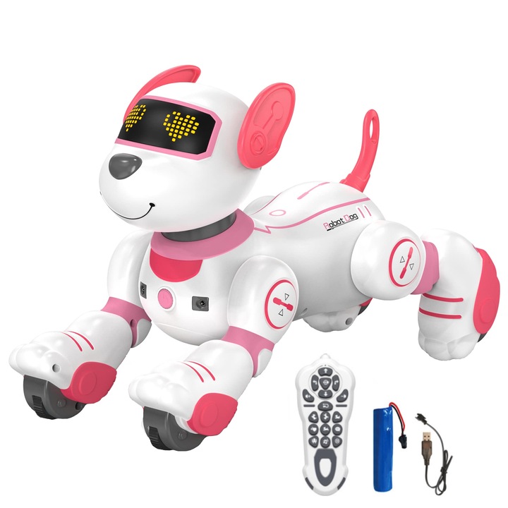 Robot jucarie, WALALLA, cu telecomanda, control vocal, programabil, cu muzica, de la 6 ani in sus, jucarie robotica pentru caini, roz/alb