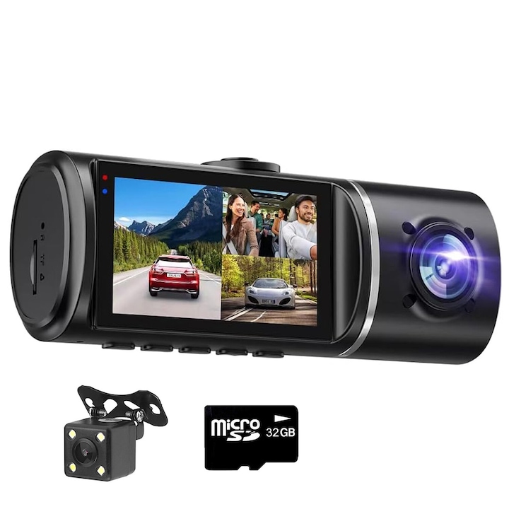Camera Auto Video Tripla De Bord DVR Loosafe® Road Team Pro, Full HD 1080p, Inregistrare Bucla, HDR, Vedere Noaptea, Inregistrare Interior, Camera Marsarier, Monitorizare Parcare, Senzor Coliziune, Card 32GB Inclus, Negru