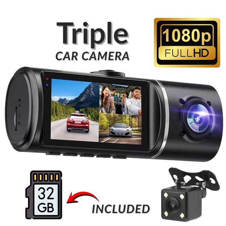 Camera Auto Video Tripla De Bord DVR Loosafe® Road Team Pro, Full HD 1080p, Inregistrare Bucla, HDR, Vedere Noaptea, Inregistrare Interior, Camera Marsarier, Monitorizare Parcare, Senzor Coliziune, Card 32GB Inclus, Negru
