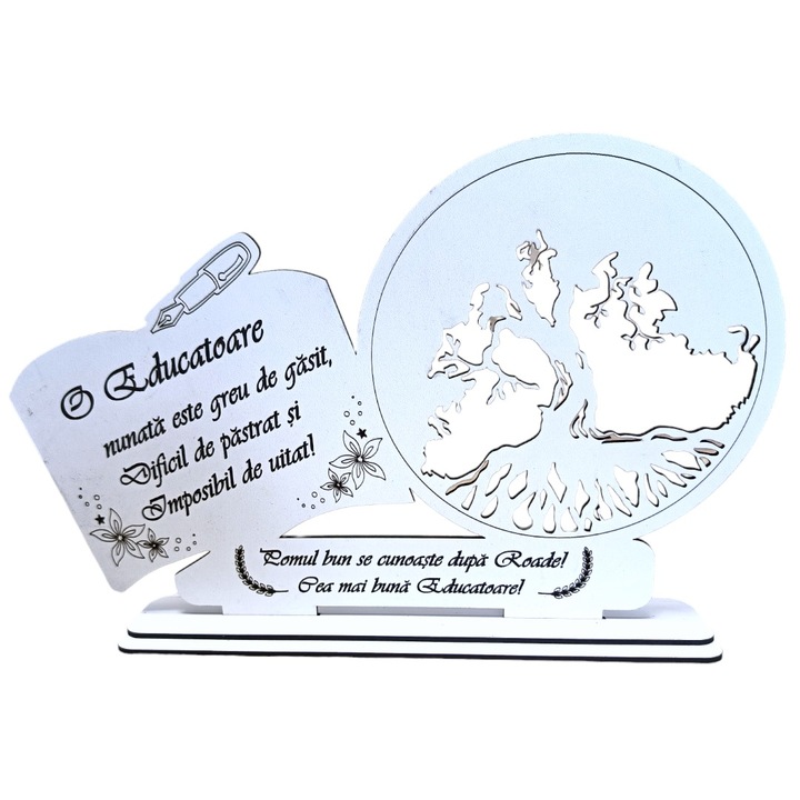 Decoratiune tablou inima, blank pentru licheni stabilizati, personalizat cu mesaj standard pentru educatoare, ''O educatoare minunata este greu de gasit...', dimensiune 30x18cm, model 3, alb