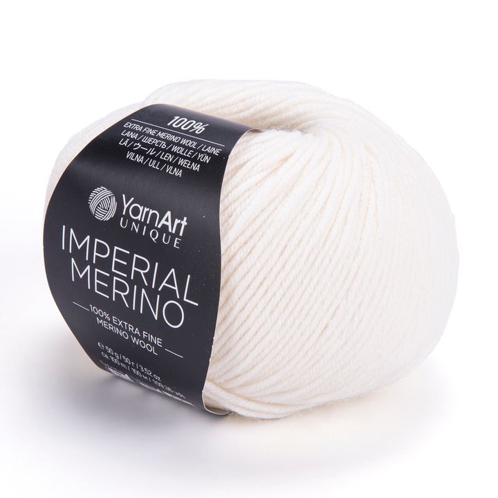 Fir textil crosetat si tricotat, YarnArt Imperial Merino 3302, lana merinos, alb unt, 100 m