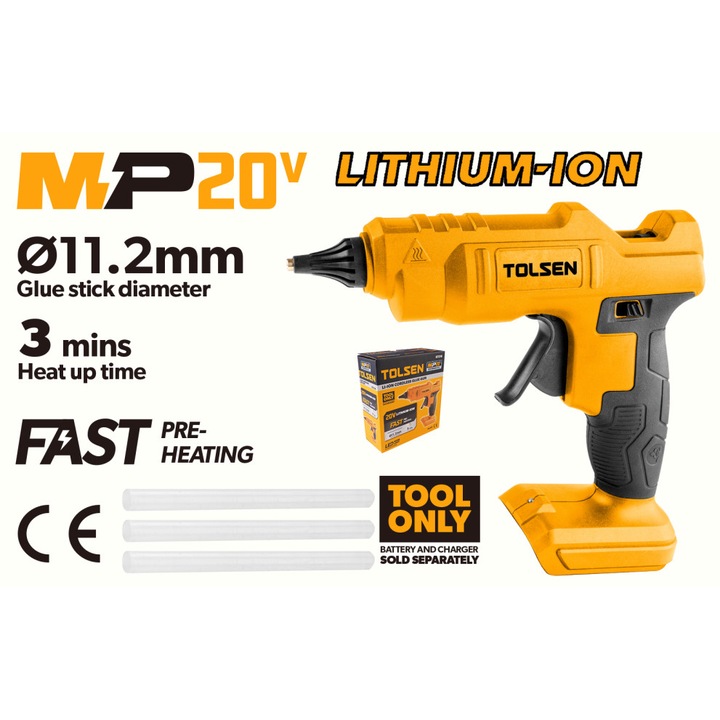 Pistol de lipit fara fir TOLSEN MP20V, 20V, preincalzire rapida, 60W, temperatura maxima 200°C, maner ergonomic, LED, betisoare lipici 11.2mm, baterie neinclusa