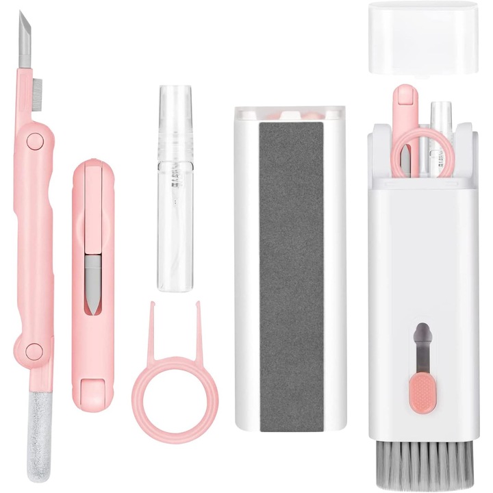 Kit premium de curatare produse electronice DIGIMAT®, telefon/casti/tastatura/ecran TV, 7 in 1 accesorii, detailing complet, Roz