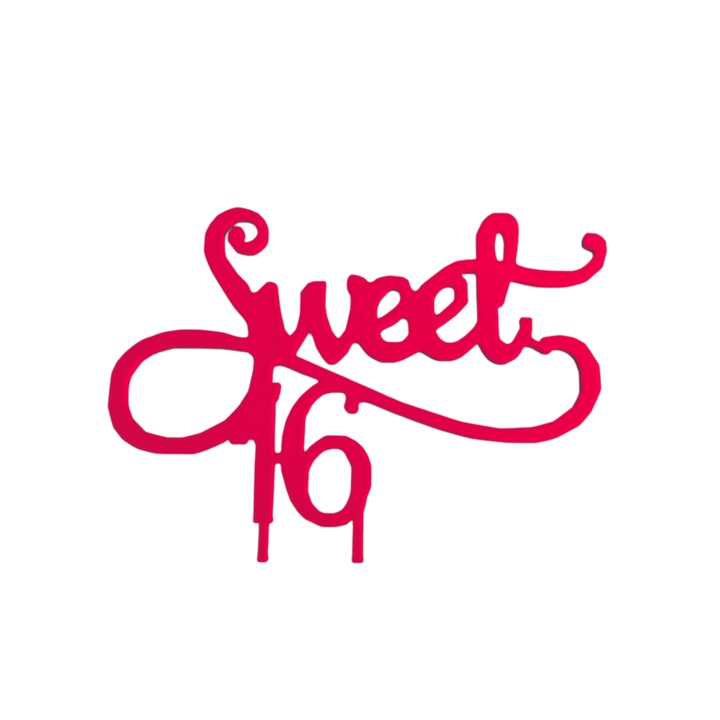 Декорация за торта, "SWEET 16", топер разцветът на красивата епоха, 9,7 х 13,5 см малиново розово
