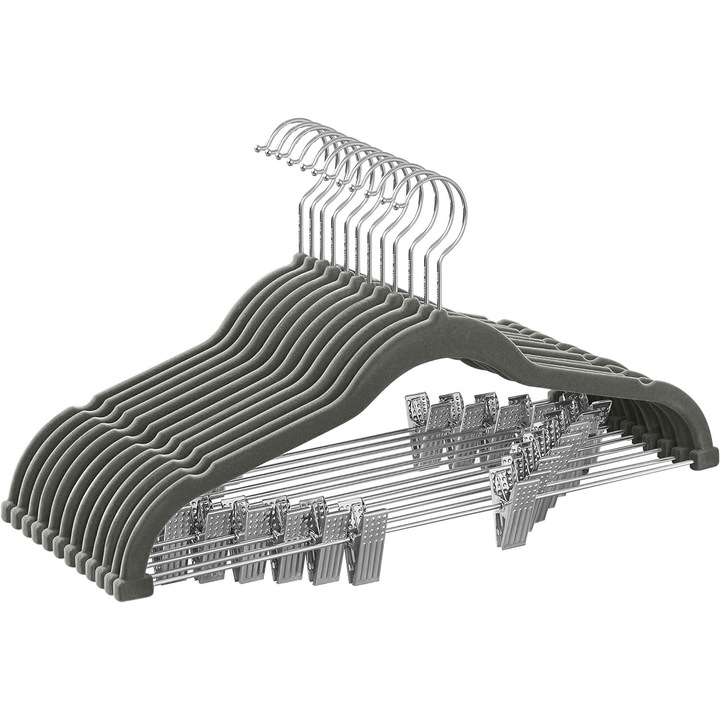 Set de 12 umerase pentru pantaloni, din catifea cu functie antialunecare si cleme reglabile, lungime 42, 5 cm, verde