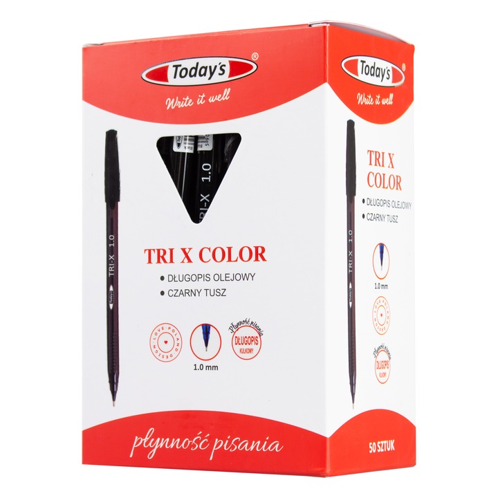 Комплект 50 химикалки TODAY'S TRI X COLOR черен, 1.0 мм