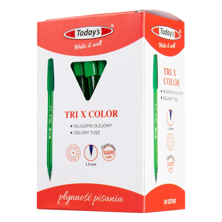 Комплект 50 химикалки TODAY'S TRI X COLOR зелени, 1.0 мм