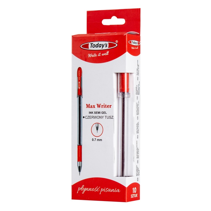 Комплект от 10 броя полугел химикалки TODAY'S MAX WRITER, червени, 0,7 mm