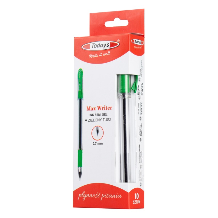 Комплект от 10 полугелови химикалки TODAY'S MAX WRITER, зелени, 0,7 mm