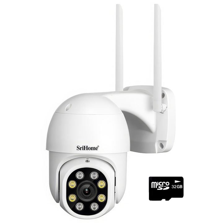 Videó megfigyelő kamera WIFI CCTV Sricam™ SP028 PRO, 8 MP 4K, beltéri / kültéri, 4X zoom, vízállóság, kétirányú kommunikáció, mozgásérzékelő, fénylámpák, fehér