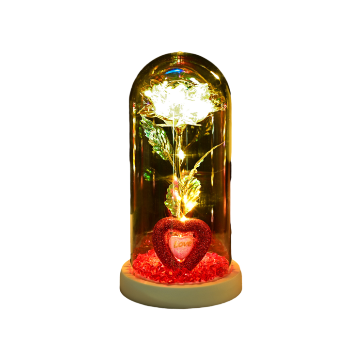 Криогенна безсмъртна роза, Darklove, в стъклен купол, с LED светлини и във формата на сърце, елегантна кутия, пластмаса, 11x21 см, бяла