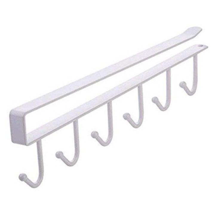 Suport pentru Organizare si Depozitare Cani, Cesti, Ustensile de Bucatarie si Gatit sau Umerase cu Haine, Multifunctional pentru Mobila, 6 Cuiere Simple din Otel cu Gaura pentru Fixare Surub (inclus), Alb, 26.5 x 3 x 1.5 cm, ORIGINAL DEALS