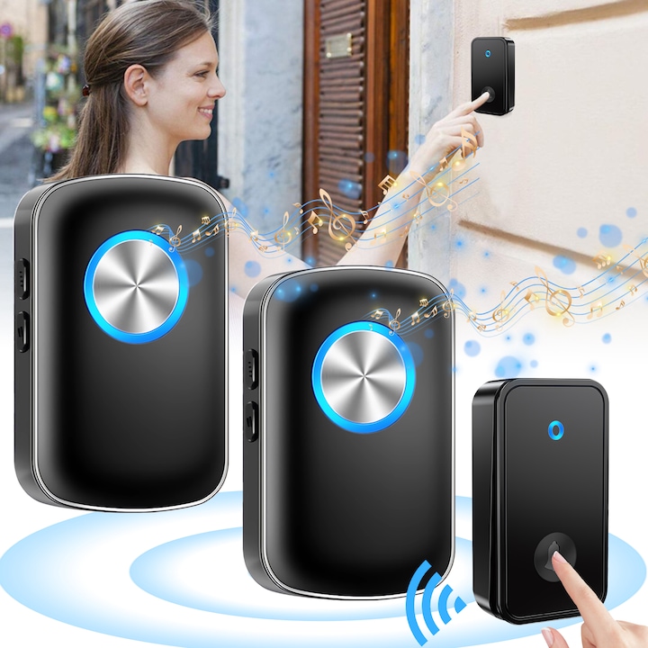 Sonerie Fara Fir Wireless, Xinxu, cu 1 emitatoare si 2 receptor, autoalimentare, Raza mare de actiune 150m, Rezistenta la apa, 60 Melodii, volum reglabil in 5 trepte, Pentru usa/ poarta, Negru