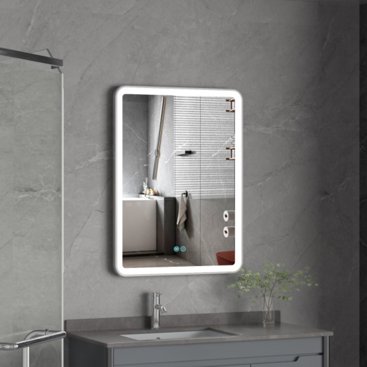 Florin Art LED tükör 60×80 cm ezüst kerettel, páramentesítő funkcióval, 3 féle világítással (hideg, meleg és semleges), óra és hőmérő