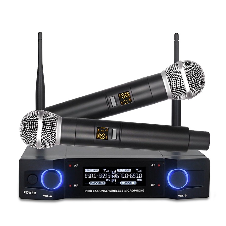 Set 2 Microfoane Wireless si Receiver UHF cu Display, Xinxu, Receiver cu Display, modulare FM, 50 m, pentru Sonorizare Evenimente, Karaoke, Negru