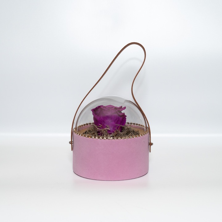 Trandafir criogenat pe pat de Tillandsia in cutie de catifea roz, Mov, Star Decor