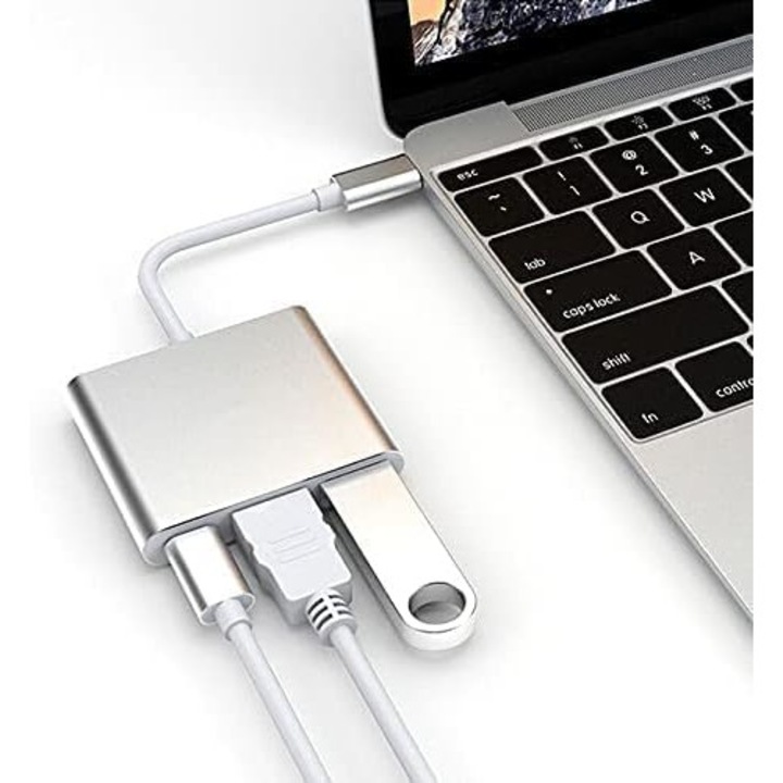 HUB адаптер 3 в 1 с щепсел Type-C, 1 HDMI порт 4k/30HZ, 1 USB Type-C порт, 1 USB 3.0 порт, алуминий, JENUOS®