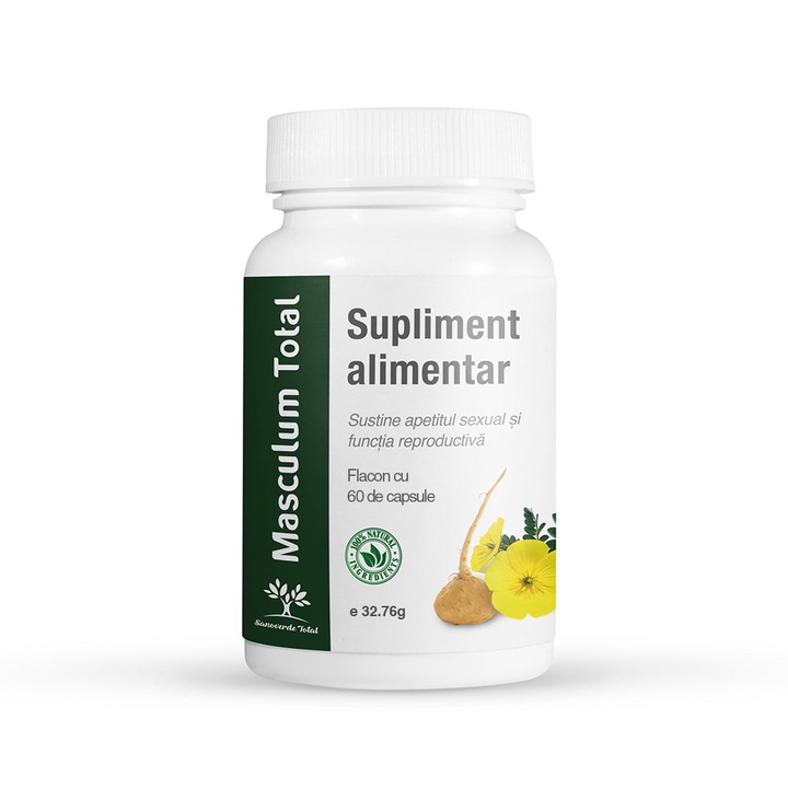 Supliment alimentar pentru potenta, erectie puternica, ejaculare precoce, sustine functia reproductiva, creste libidoul, afrodisiac natural, 500 mg, 60 capsule, Masculum Total, Sanoverde Total