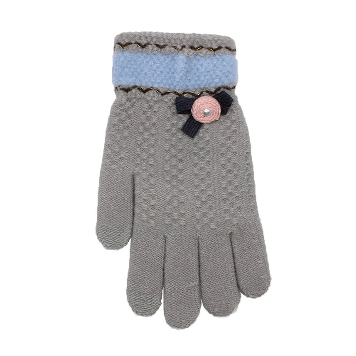 Manusi TouchScreen Sensitive, Quality Warm Wool, Rose Design, Marime Universala, Gri