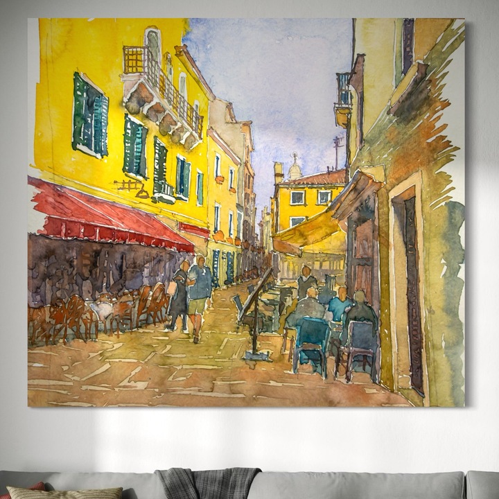 Tablou Canvas Premium, LuxCanva® C1007, Terase, 50 X 50 CM, Panza Bumbac 100% 400g/m2, Sasiu Lemn, Living, Hol, Strada, Vacanta, Centrul Vechi, Vara, Relaxare, Culori Vibrante