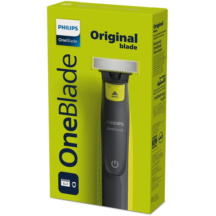 Хибриден уред за бръснене и подстригване на брада Philips OneBlade QP2724/20, Регулируем гребен 5 in 1, Мокра/суха употреба, 45 мин, USB кабел, Лайм