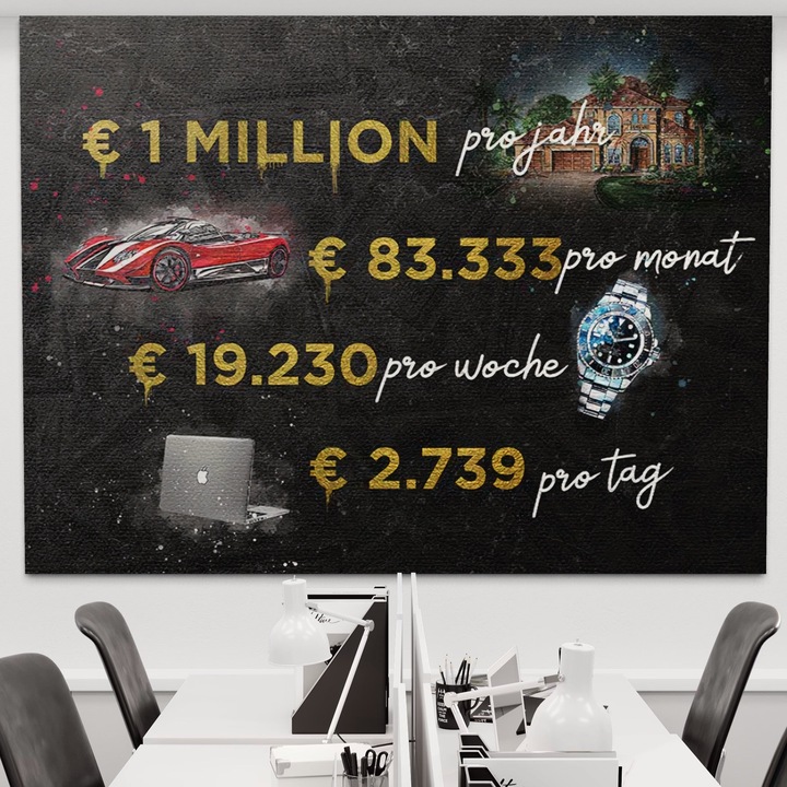 Картина върху платно LuxCanva B1100, Животът на милионер, Дървена рамка, Офис, Хол, Богатство, Долари, Rolex, Милионер, Луксозен автомобил, Червено, 100 X 135 CM, 100% памучно платно 400g/m2, Ярки цветове