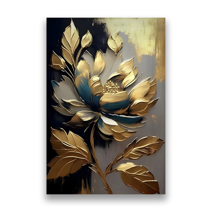 Първокласна картина на платно, LuxCanva® A1297, златни цветя, 80 X 120 CM, 100% памучно платно 400g/m2, дървена рамка, всекидневна, цвете, злато, листа, спалня, живи цветове