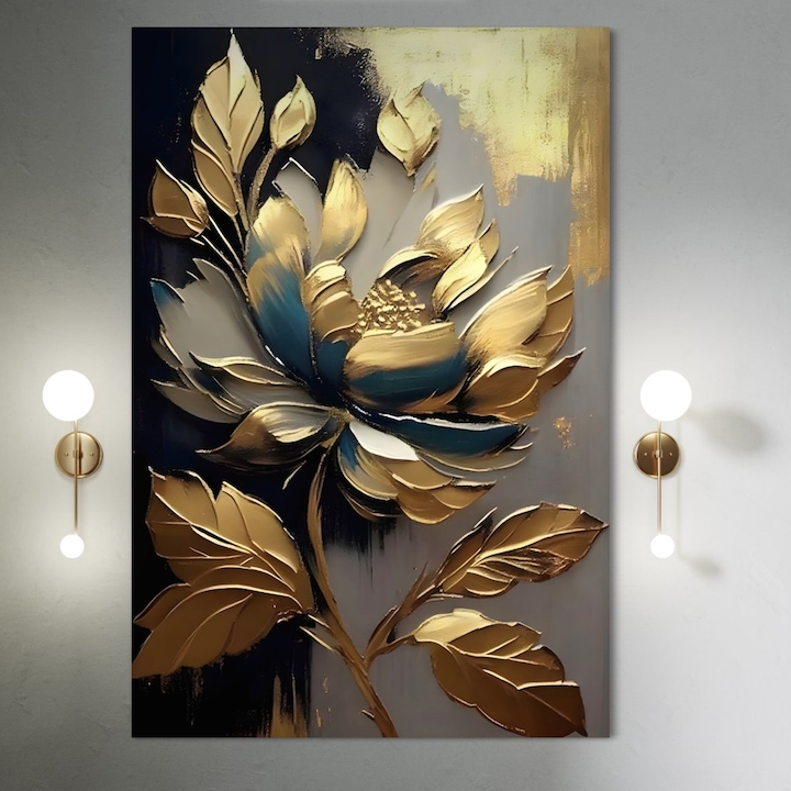 Tablou Canvas Premium, LuxCanva® A1297, Gold Flowers, 80 X 120 CM, Panza Bumbac 100% 400g/m2, Sasiu Lemn, Living, Floare, Auriu, Frunze, Dormitor, Culori Vibrante