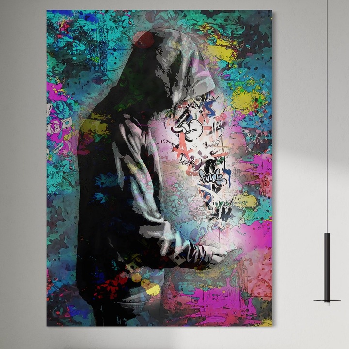 Премиум картина върху платно, LuxCanva® B1101, Графити момче, 100 X 135 CM, 100% памучно платно 400g/m2, дървена рамка, Спалня, Млад мъж, Момче, Телефон, Съобщения, Хол, Ярки цветове