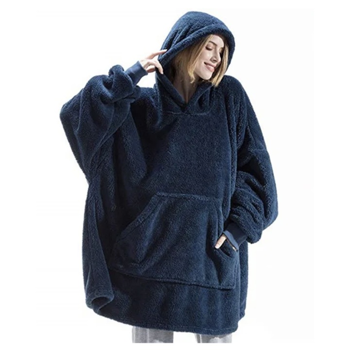 Одеяло тип суичър с ръкави и качулка, джобове, универсален размер, тъмносиньо