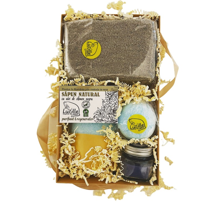 Lucille - Комплект естествена козметика за баня Max Relax For Him с 1x твърд сапун шампоан 90g, 1x сол за баня 350g, 1x ефервесцентна топка за баня 120g, 1x бамбукова и памучна гъба 27g, 1x ароматизирана свещ 28g