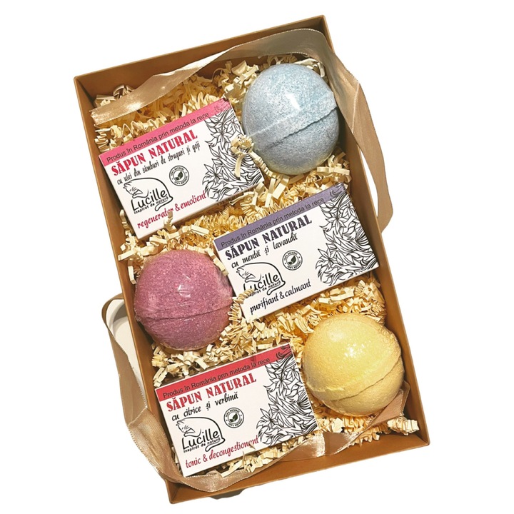 Натурална козметика за баня Lucille - Fizzes and Bubbles с 3 100% натурални сапуна 3x90g, 3 ефервесцентни топки за баня 3x120g