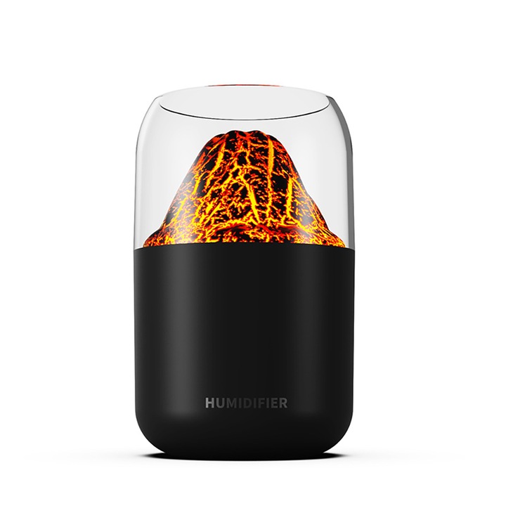 Mini hordozható Volcano párásító, aromadiffúzor, csendes, többszínű LED, 300 ml, USB, fekete