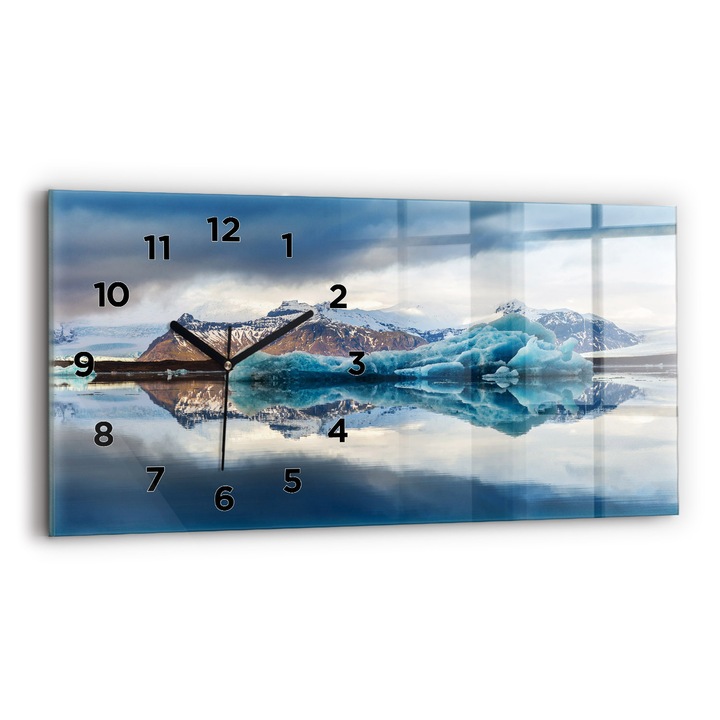 Falióra, Wallfluent, üveg, Fekete mutatók, Arab számok, Jokulsarlon Lake Izland, Kék, Téglalap 60x30 cm, 010010500030200268683