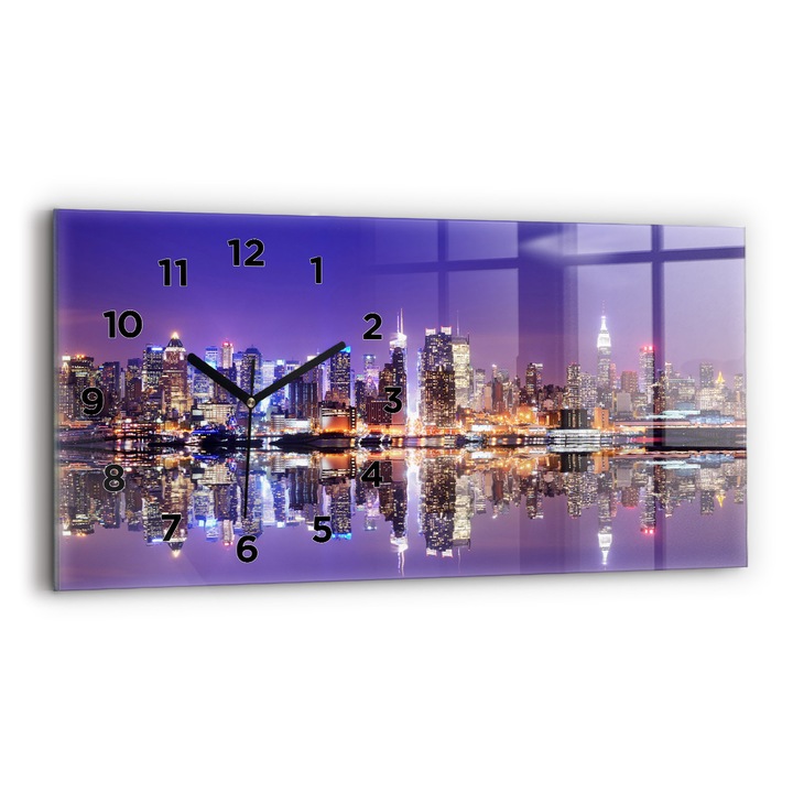 Falióra, Wallfluent, üveg, Fekete mutatók, Arab számok, New York éjjel, Többszínű, Téglalap 60x30 cm, 010010500030200269713