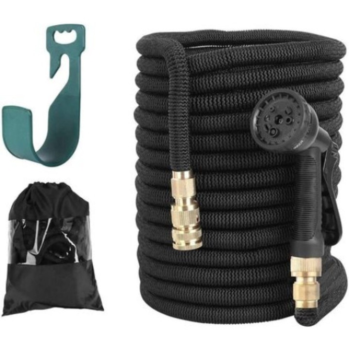 Kerti tömlőkészlet, longziming, Kihúzható, 8 Flow mód, 23m, Fekete