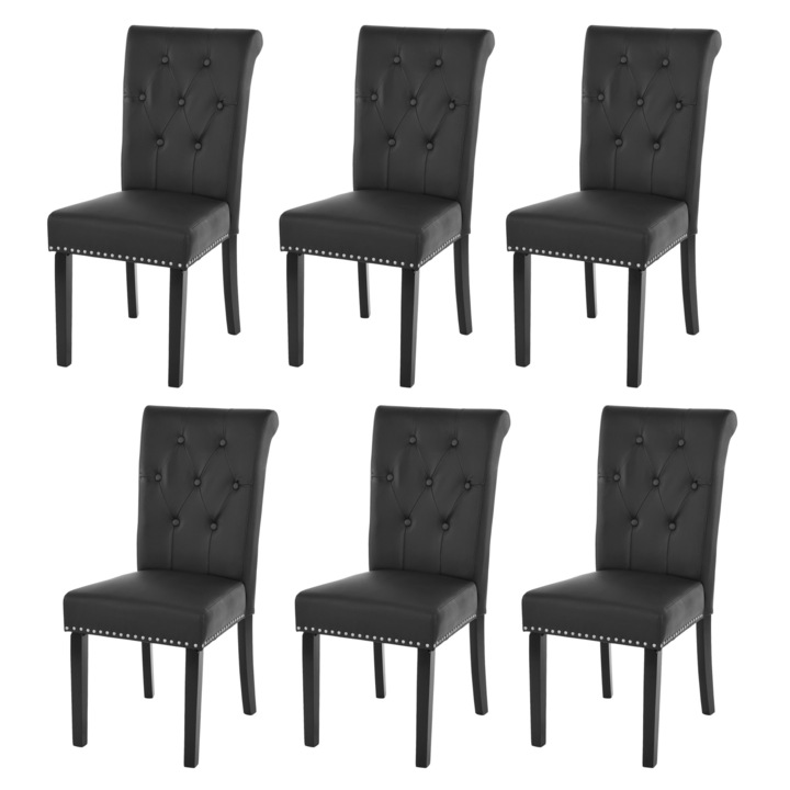 Set 6 scaune dining Chesterfield, Mendler, negru, picioare din lemn