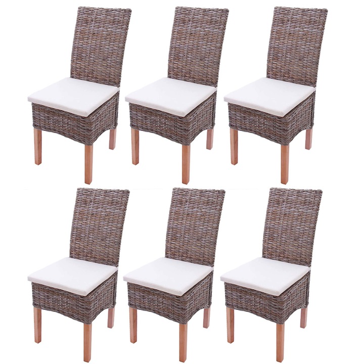 Set 6 scaune dining, Mendler, Kubu-Rattan, ratan, gri, cu perne, 97x47x52cm