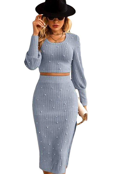 Compleu elegant Marilene, bluza crop cu mansete late, Gri