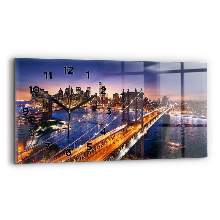Falióra, Wallfluent, üveg, fekete mutatók, arab számok, New York és naplemente, kék, téglalap 60x30 cm, 010010500030200269073
