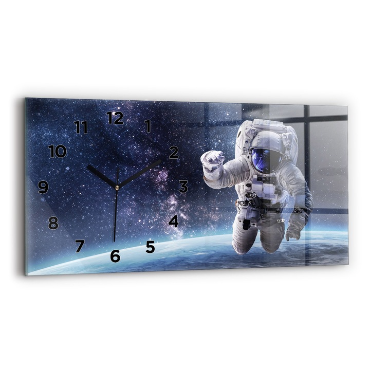 Ceas de perete, Wallfluent, de sticla, Mainile negru, Cifre Arabe, Astronaut, Multicolor, Dreptunghi 60x30 cm, 010010500030200269198