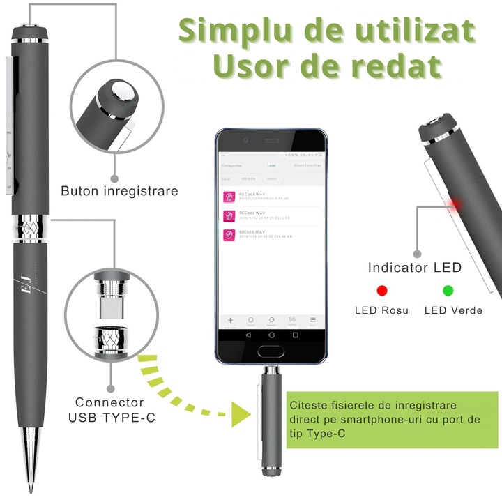 Tollba integrált kém hangrögzítő, EJ PRODUCTS, D3191 modell, 32 GB, autonómia 10 óra, felvételi tartomány 15 m, 360°-os térhatású felvétel, MP3 rögzítési funkció, szürke